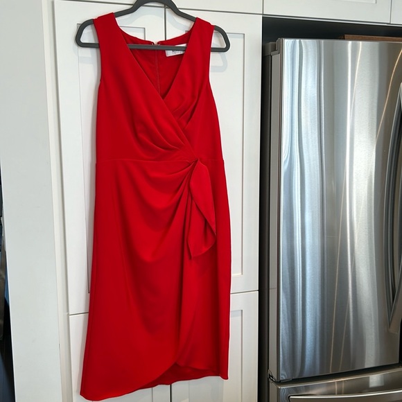 Badgley Mischka Red Poppy V-Neck Crepe Wrap Cocktail Dress Medium - Picture 4 of 15